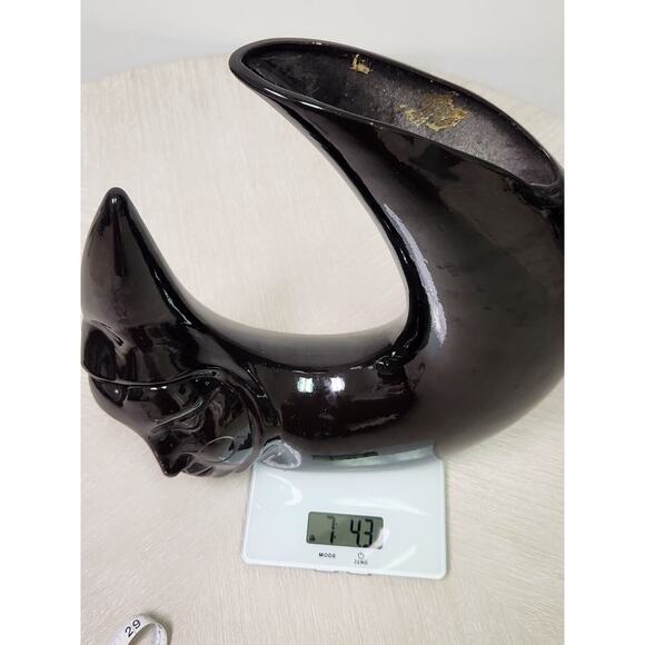 Vintage 80s Black Vase Black Ceramic Crescent Moon Shaped Vessel Pierrot Face - Picture 11 of 11